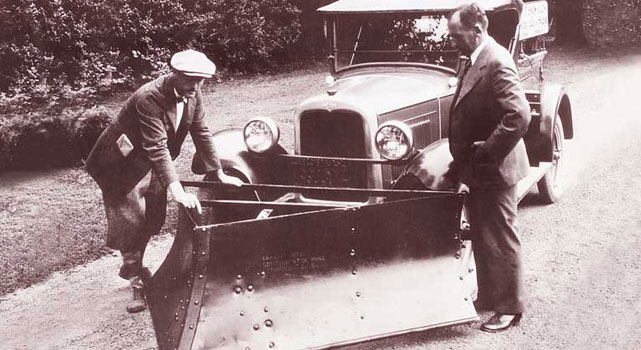 Inventor Edward B. Meyer created the first Meyer snow plow by attaching a wedge to the front of his 1926 Buick.