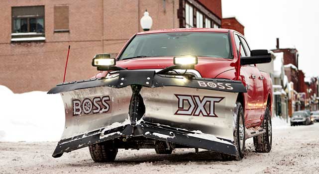 BOSS DXT V-plow on a late-model pickup truck.